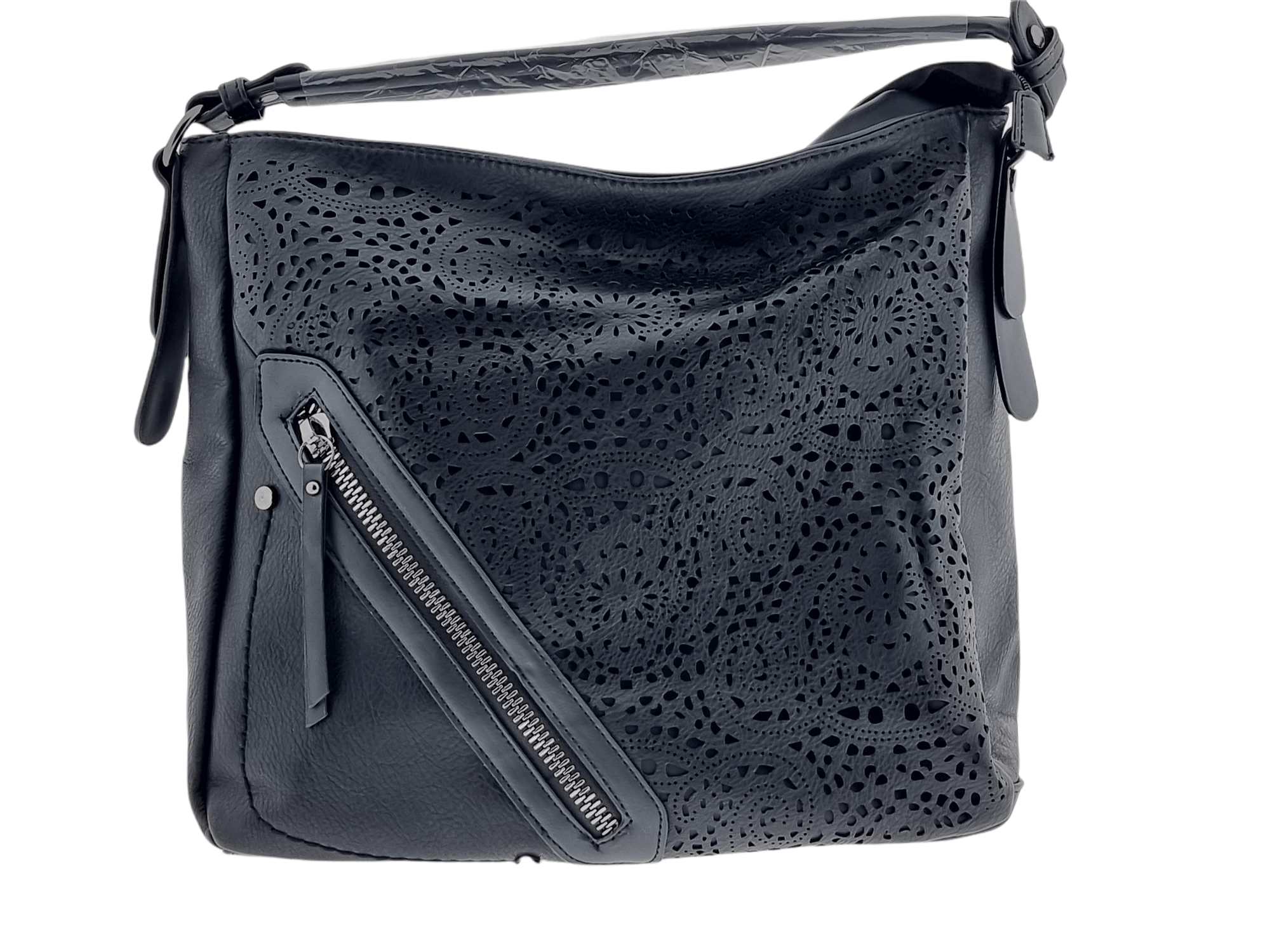 Decorative Overlay Hobo Handbag Black