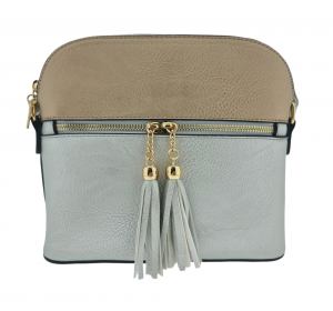 Cross Body Bag, Tassels, Zip Pockets Front and Rear Gold-Silver