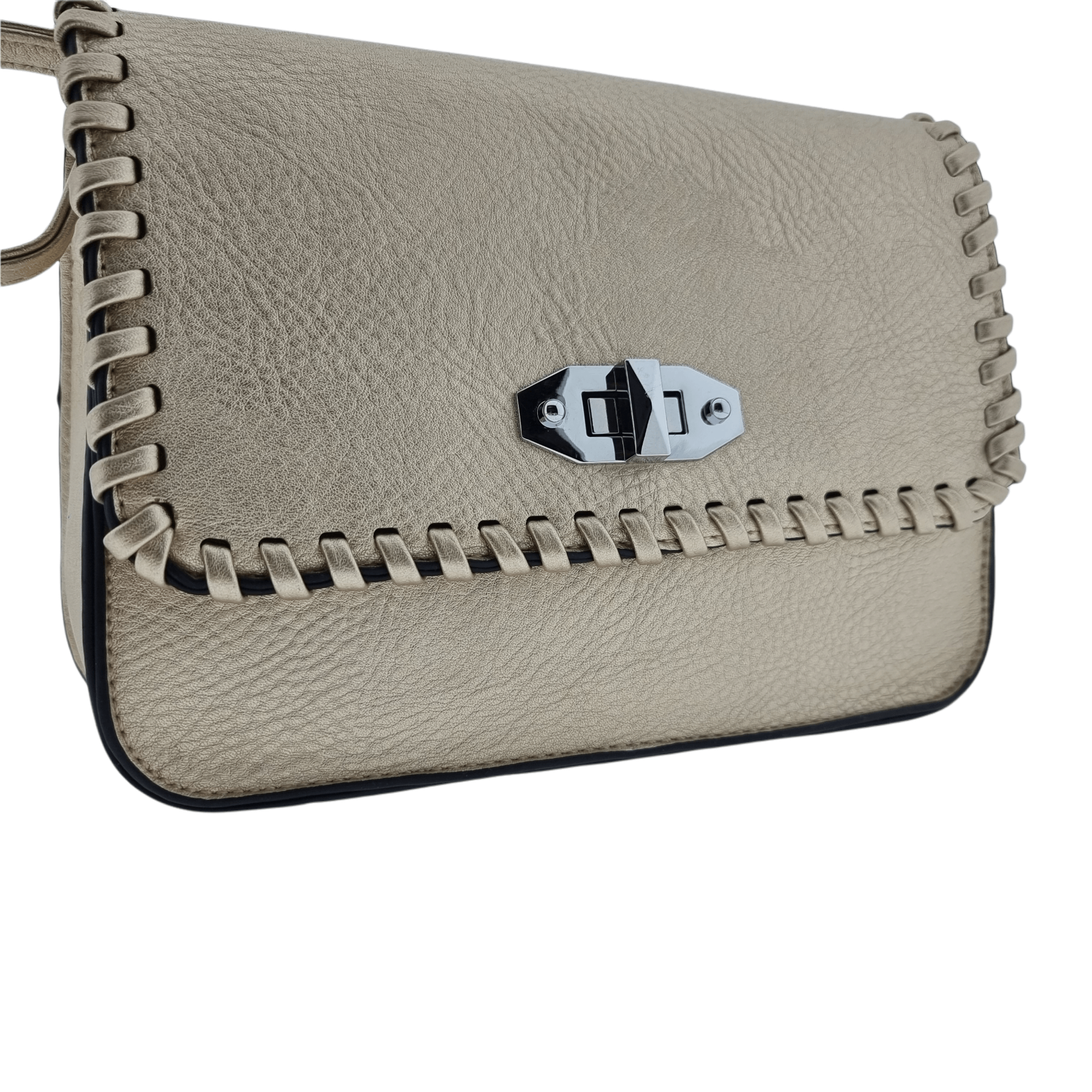Cross Body Bag, Twist-Lock, Hemmed Flap, Zip Pocket Rear Gold - Image 4