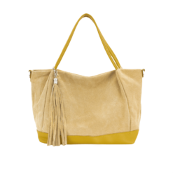 Italian Leather Suede Combination Tote with Tassel Livia Mustard