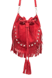 Italian Designer Soft Leather Suede Fringed Bucket Bag with Studs- Swolit Maggia Red