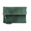 Italian Designer Foldover Plain Suede Leather Clutch Eleganza- Dark Green Forest Green