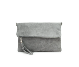Italian Designer Foldover Plain Suede Leather Clutch-Eleganza Dark Grey