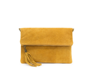 Italian Designer Foldover Plain Suede Leather Light Tan Clutch Eleganza
