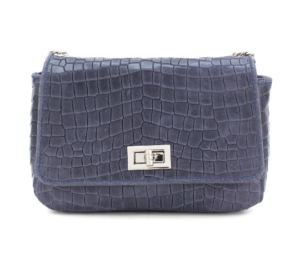 Italian Designer Soft Leather Leather Full Croc Print Crossbody with Twistlock - Swolit Anete Silver Blue