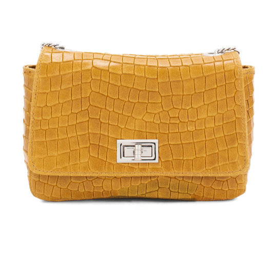 Italian Designer Soft Leather Leather Full Croc Print Crossbody with Twistlock - Swolit Anete Light Tan