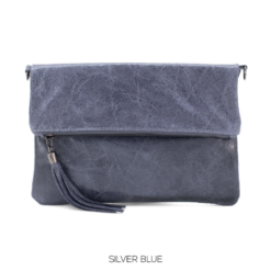 Italian Designer Foldover Plain Leather Clutch-Scintilla  Silver Blue
