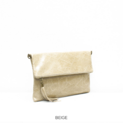 Italian Designer Foldover Plain Leather Clutch- Beige