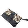 Italian Leather Designer Foldover Leopard Print Clutch- Black