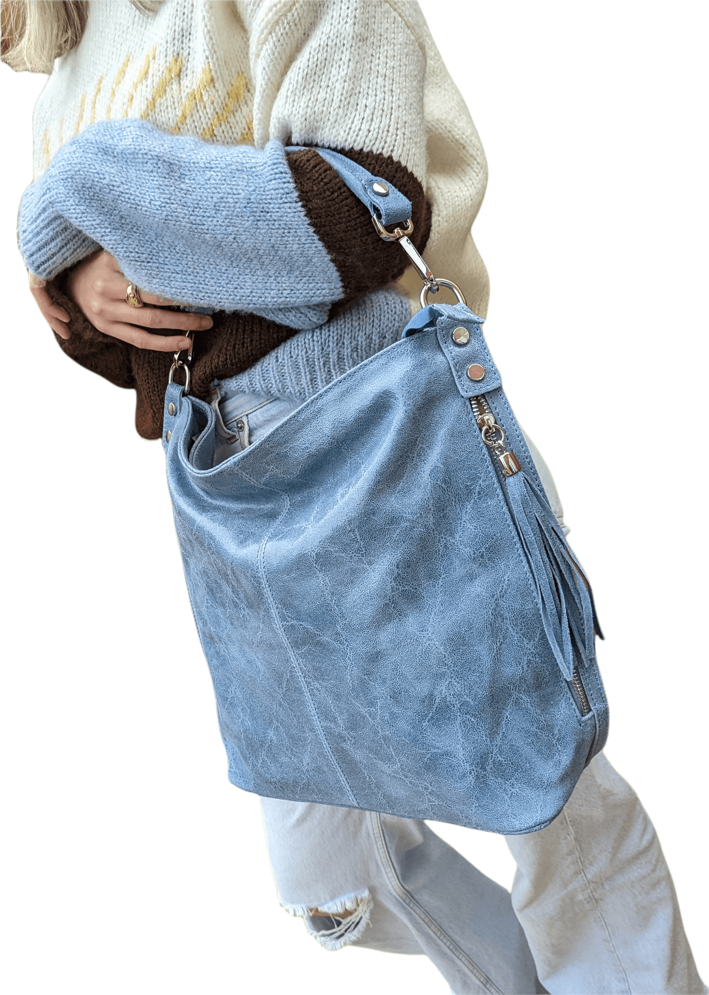 Italian Designer Soft Leather Right Pocket Hobo Bag- Swolit Zeta Dusty Blue - Image 3