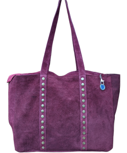 Italian Stylish Studded Suede Leather Soft Tote Shopper Swolit - Popolare - Oxblood