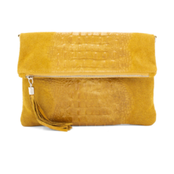 Italian Designer Foldover Croc Print Suede Leather Clutch - Swolit Abra Mustard