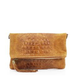 Italian Designer Foldover Croc Print Suede Leather Clutch - Swolit Abra Dark Tan Brown