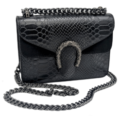 Italian Designer Leather Crossbody Bag with Horseshoe - Swolit Camilla Snake- Black