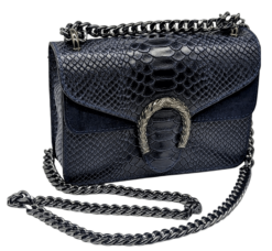 Italian Designer Leather Crossbody Bag with Horseshoe - Swolit Camilla Snake- Navy
