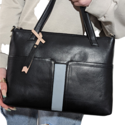 Alternative view of Leather handbag with twin tote style handles and detachable adjustable shoulder strap-Black/Cloud