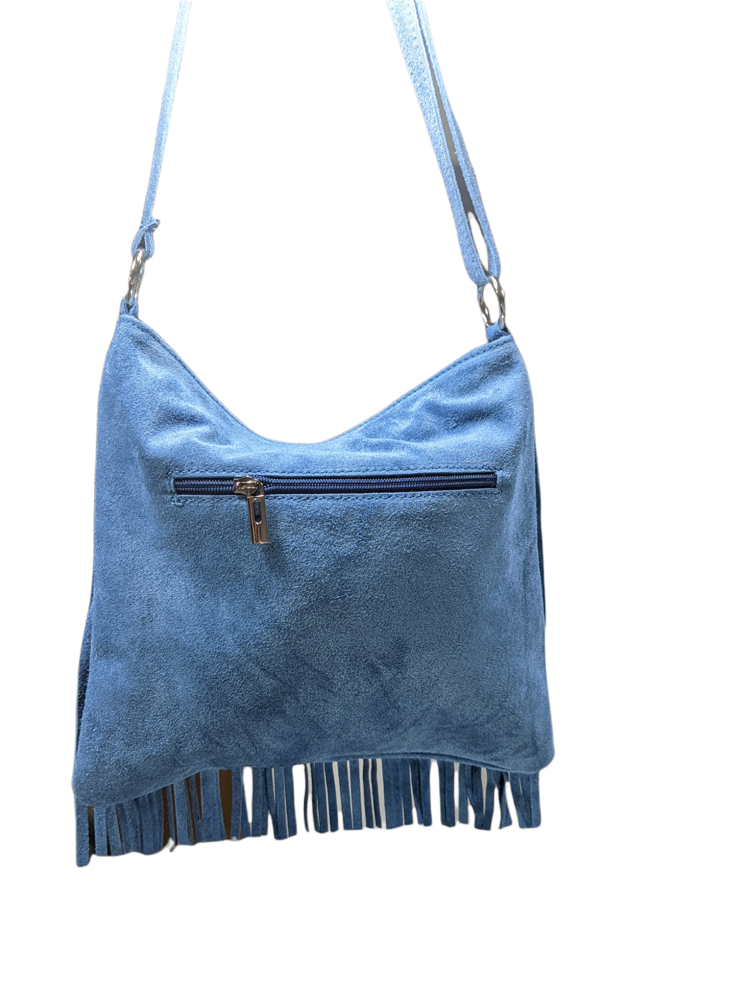 Italian Leather Suede Leather Double Fringe Cross Body Handbag - Swolit Chica Denim Blue - Image 2