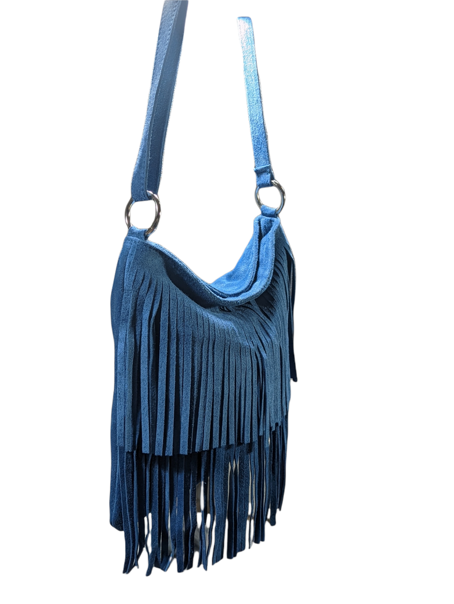 Italian Leather Suede Leather Double Fringe Cross Body Handbag - Swolit Chica Denim Blue - Image 3