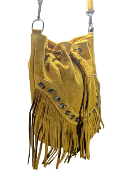 Alternative view of Italian Designer Soft Leather Suede Fringed Bucket Bag with Studs- Swolit Maggia Mustard