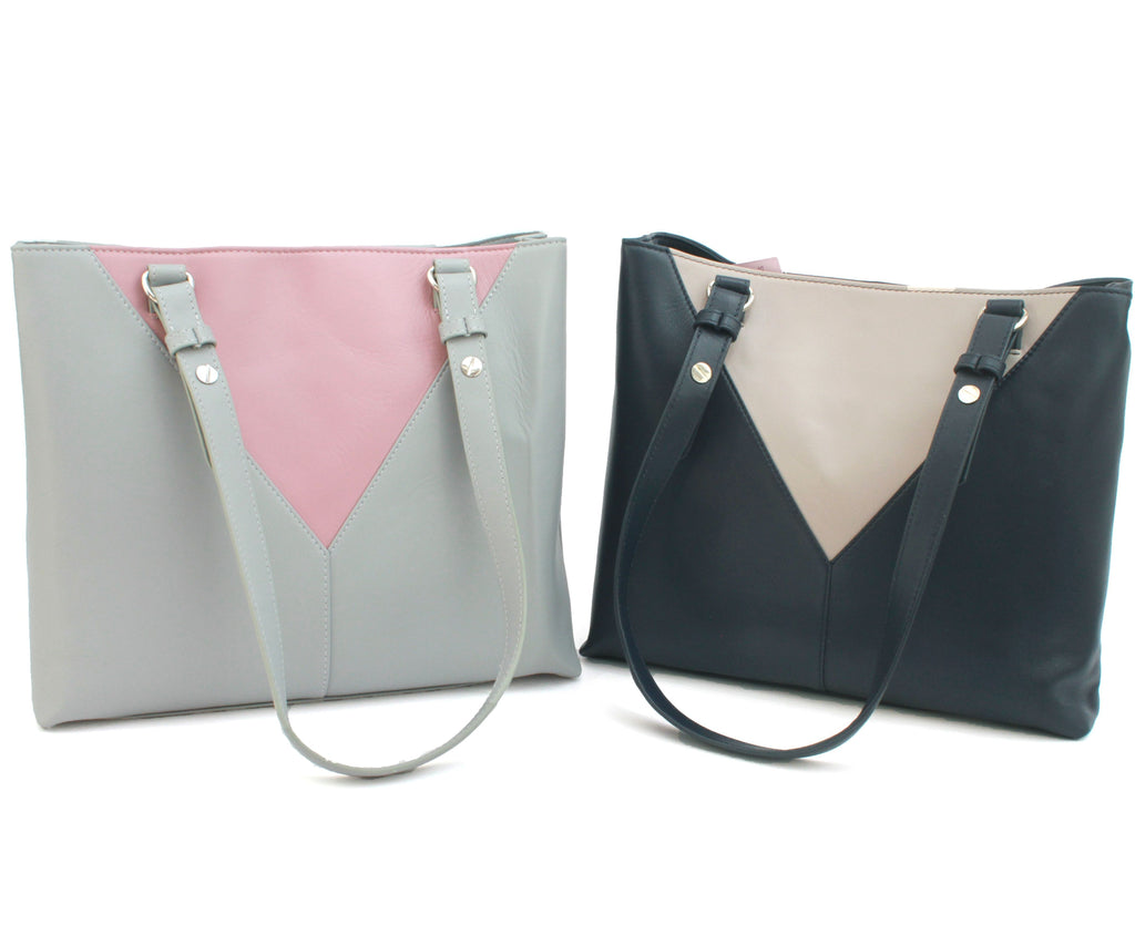 Finest Soft Leather Tote Handbag- Light Grey & Blush - Image 5