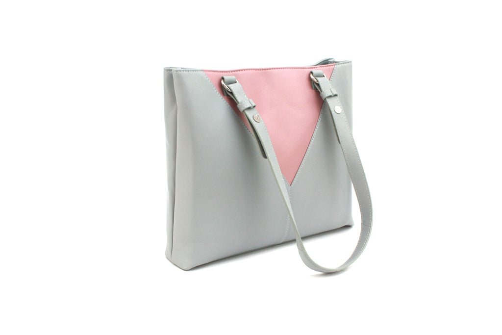 Finest Soft Leather Tote Handbag- Light Grey & Blush - Image 2