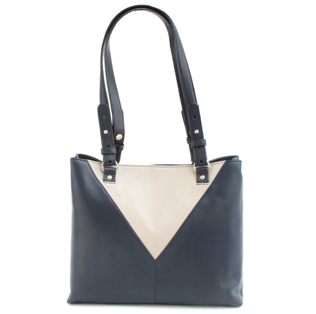 Finest Soft Leather Tote Handbag- Navy & Stone - Image 5