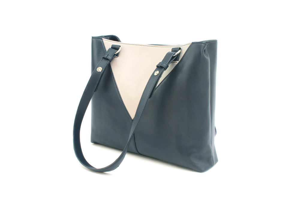 Finest Soft Leather Tote Handbag- Navy & Stone - Image 2