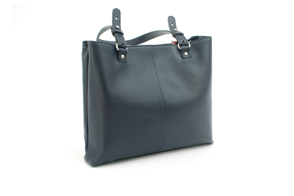 Finest Soft Leather Tote Handbag- Navy & Stone - Image 3