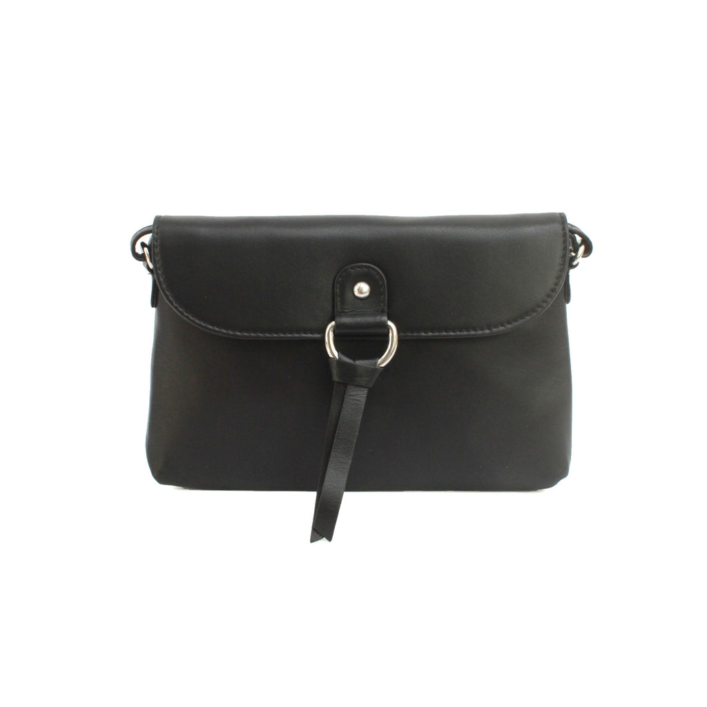 Small Leather Crossbody handbag with ring tassel detail-Black