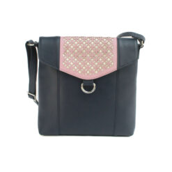 Finest Soft Leather Crossbody HandBag with Victorian cut design detailing - Navy/Blush