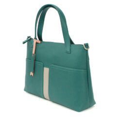 Alternative view of Leather handbag with twin tote style handles and detachable adjustable shoulder strap- Aqua & Ivory