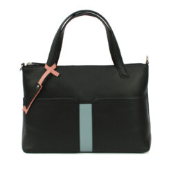Leather handbag with twin tote style handles and detachable adjustable shoulder strap-Black/Cloud