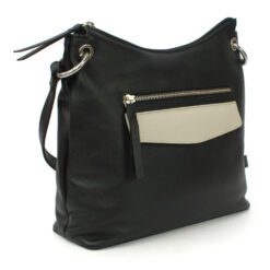 Leather Shoulder Bag with Front zip pocket and slip flap pocket- Black