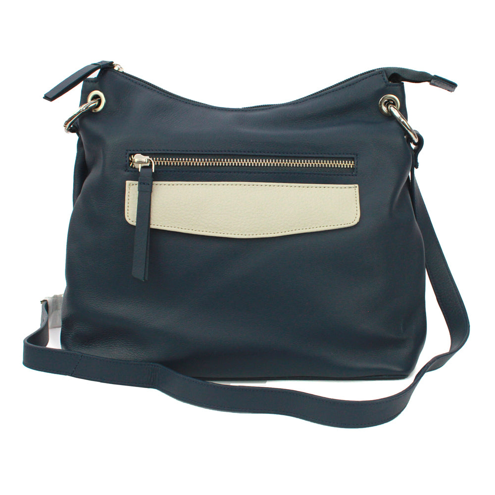Leather Shoulder Bag with Front zip pocket and slip flap pocket- Navy