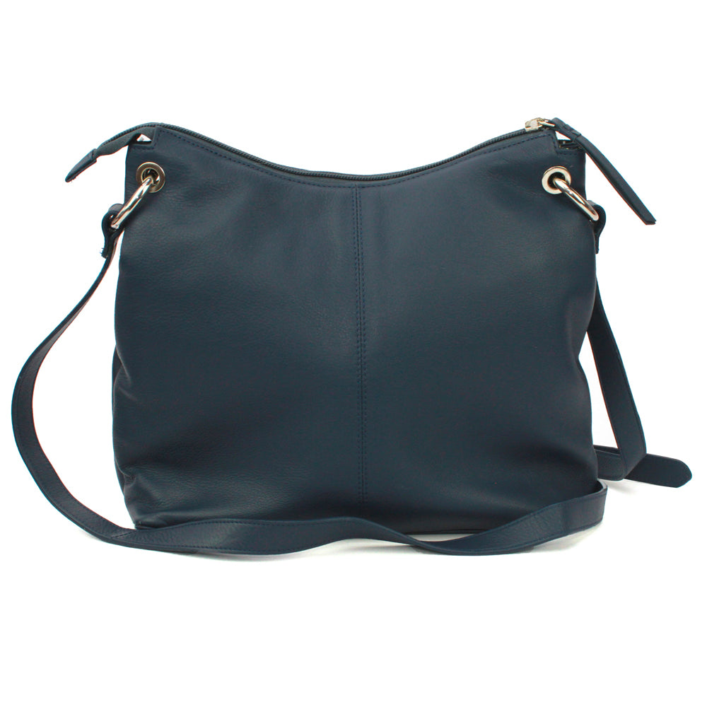 Leather Shoulder Bag with Front zip pocket and slip flap pocket- Navy - Image 2