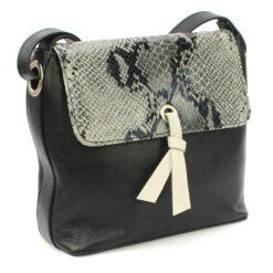 Leather Crossbody Snake Skin Handbag with Flap - Karen Black/ Off White