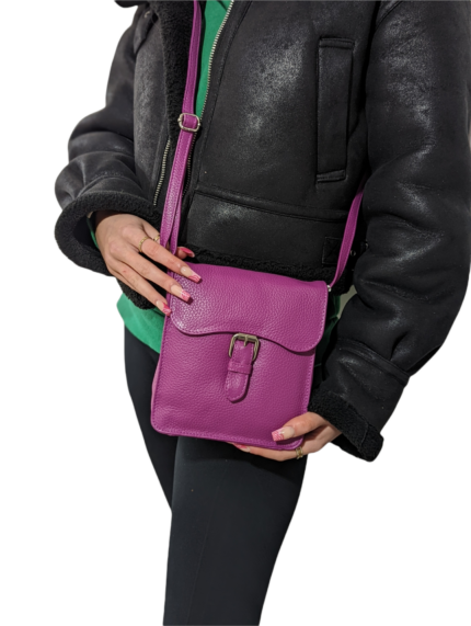 Alternative view of Genuine leather satchel style bag with flap front and buckle- Magenta/ Fuchsia Malwina