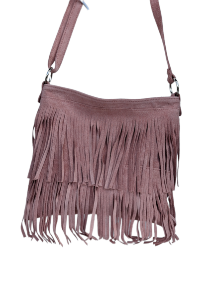 Italian Leather Suede Leather Double Fringe Cross Body Handbag - Swolit Chica -Dusty Pink