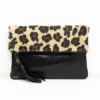 Italian Designer Foldover Plain Suede Leather Clutch- Leopard Print