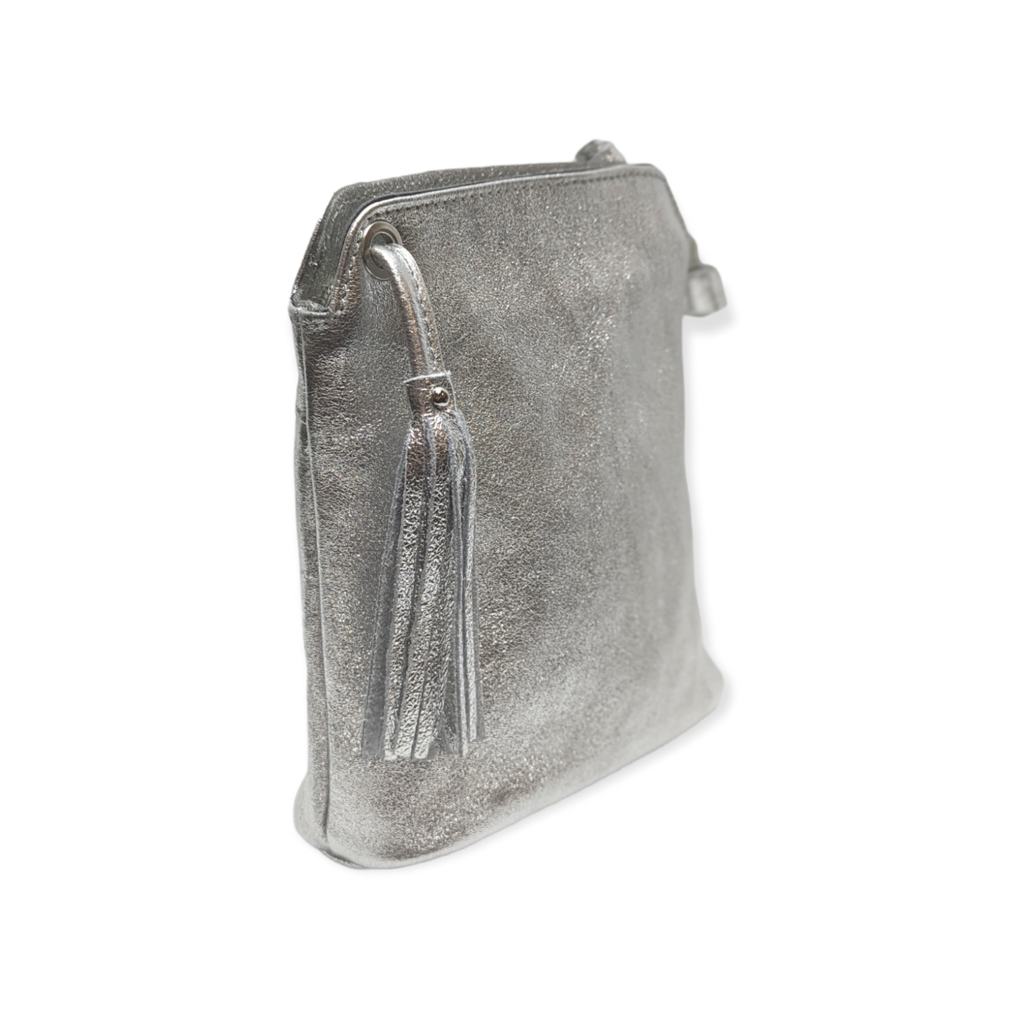 Italian Leather Tassel Crossbody-Fozzino New Sparkly Silver - Image 2