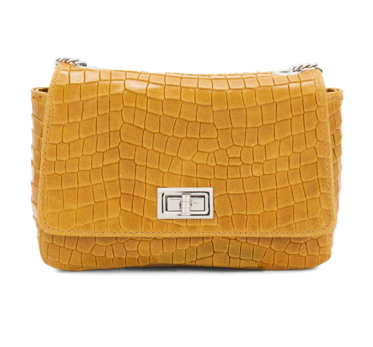 Italian Designer Soft Leather Full Croc Print Crossbody with Pewter Twistlock - Swolit Anete Mustard