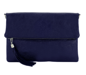 Italian Designer Foldover Sparkly Leather Clutch-Fascino- Navy