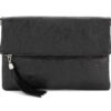 Italian Designer Foldover Sparkly Leather Clutch-Fascino- Black