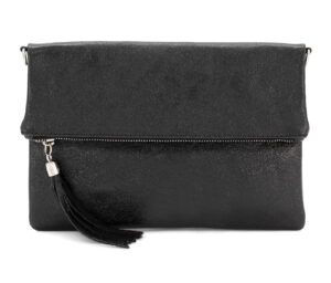 Italian Designer Foldover Sparkly Leather Clutch-Fascino- Black