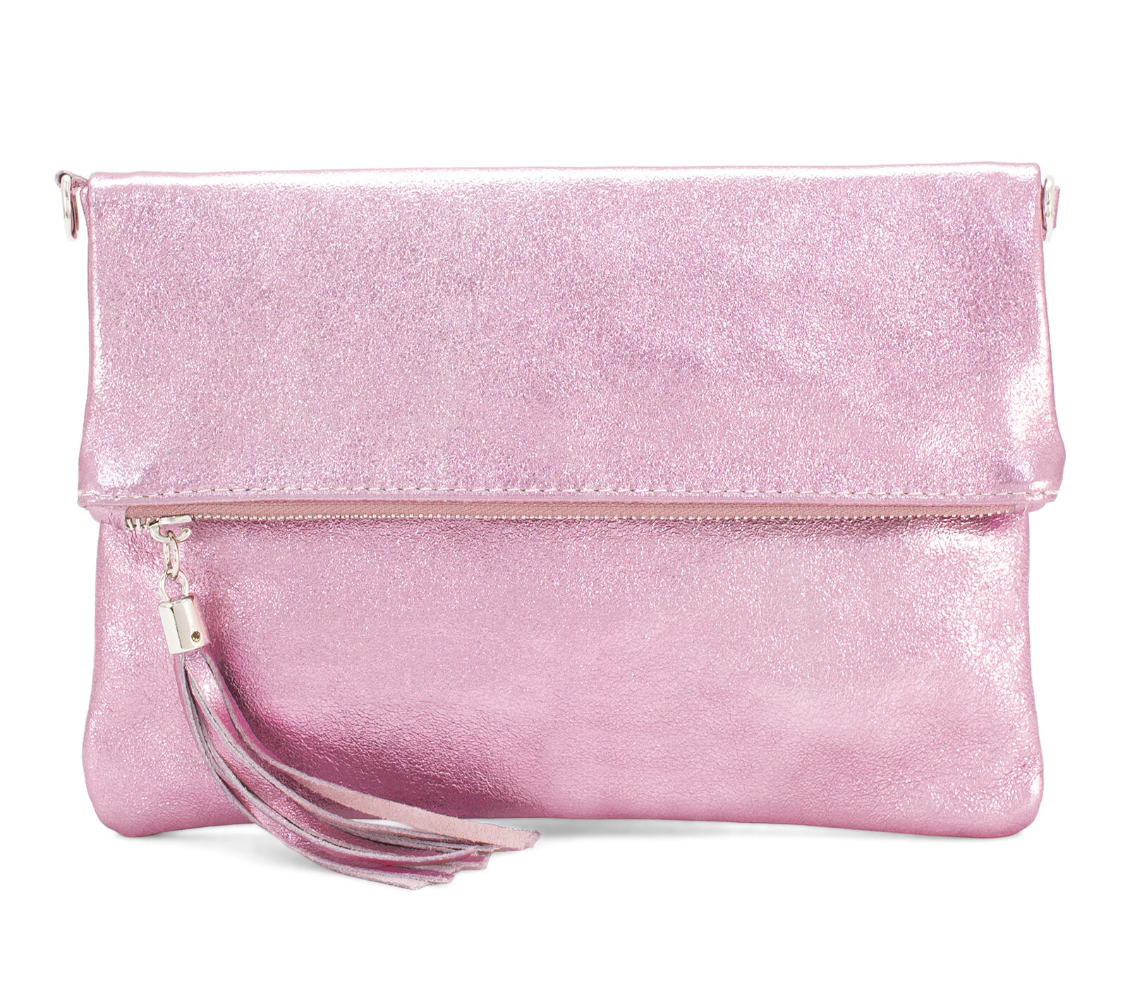 Italian Designer Foldover Sparkly Leather Clutch-Fascino- Pink