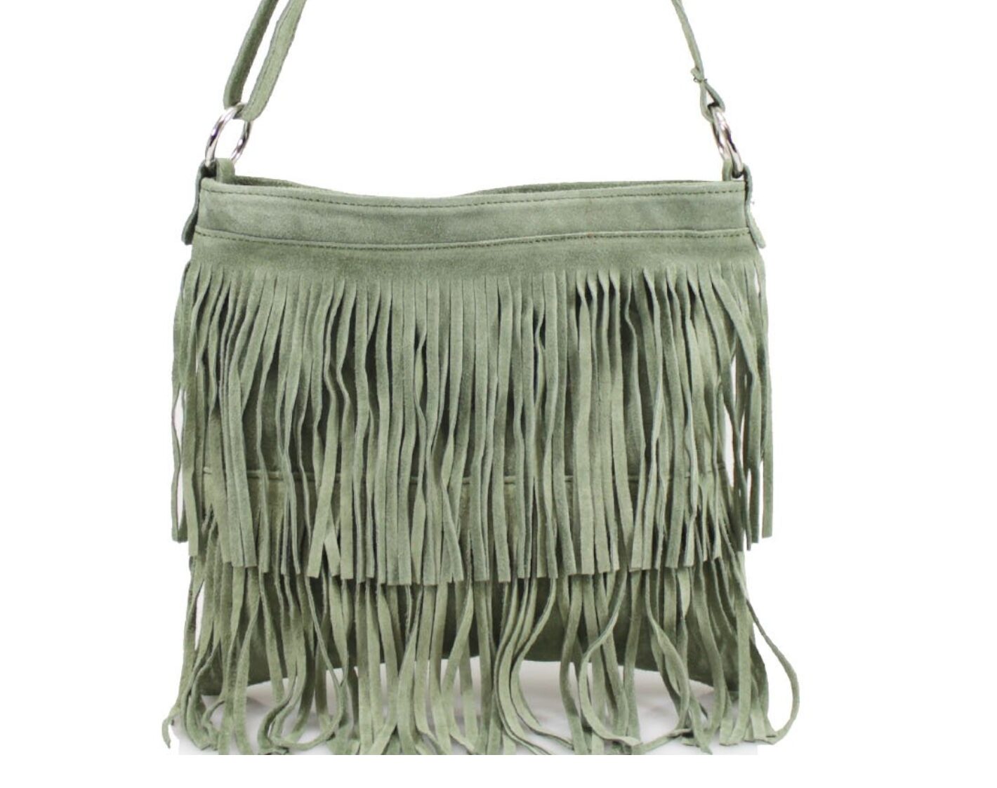 Italian Leather Suede Leather Double Fringe Cross Body Handbag - Swolit Chica Green