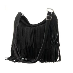 Italian Leather Suede Leather Double Fringe Cross Body Handbag - Swolit Chica Black