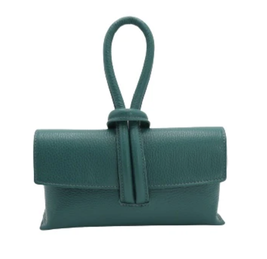 Italian Designer Soft Leather Full Grained Leather Clutch Crossbody Pull Through Loop Clara- Sassy Teal