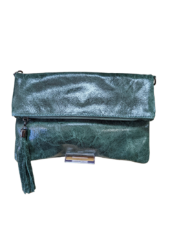 Italian Designer Foldover Plain Leather Clutch-Scintilla Dark Green