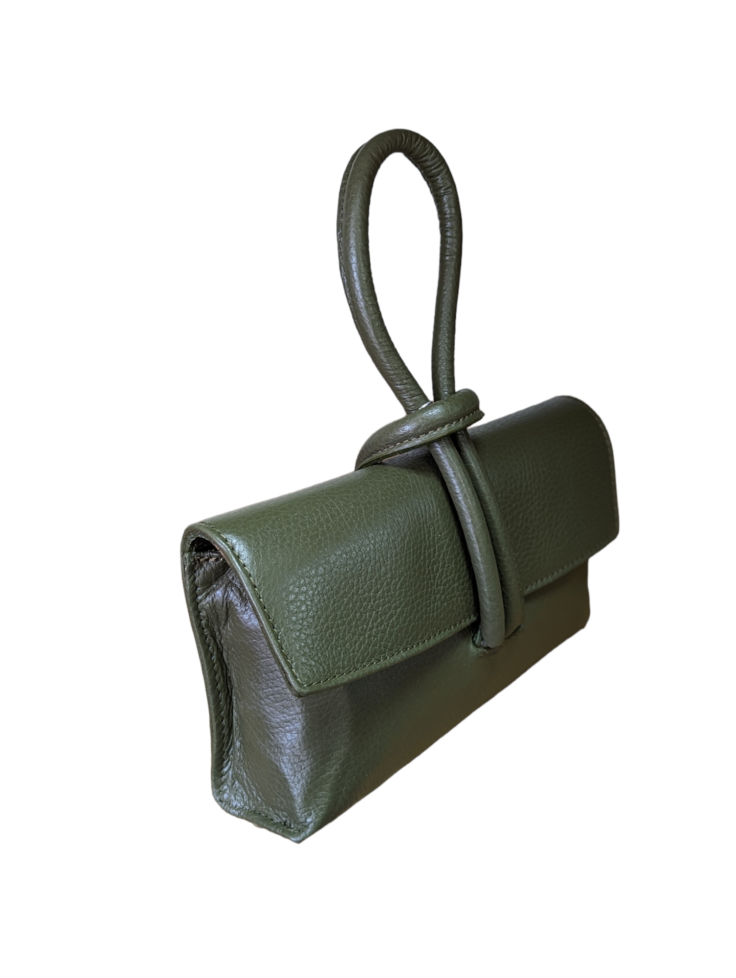 Clara Olive Italian Designer Soft Leather Full Grained Leather Clutch Crossbody Pull Through Loop Olive Green - Image 2